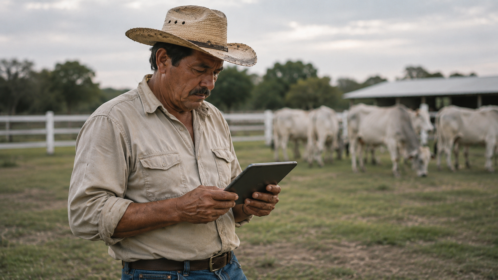 Productor mexicano revisando el inventario de sus ranchos en una tablet