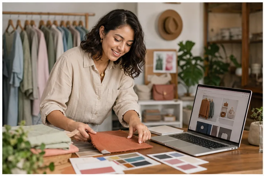Dueña de boutique ajustando la identidad visual de su tienda online junto a productos reales.