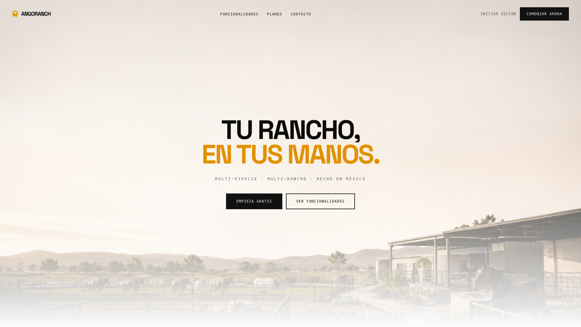 Hero de AngoRanch — 'Tu rancho, en tus manos' sobre paisaje de campo y ganado.