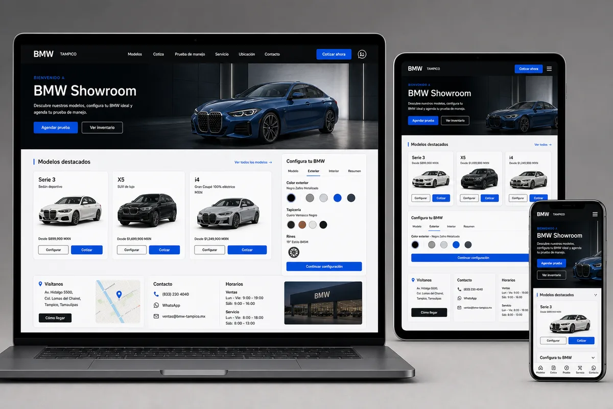 Showroom BMW con configurador, modelos destacados, ubicación y datos de contacto.
