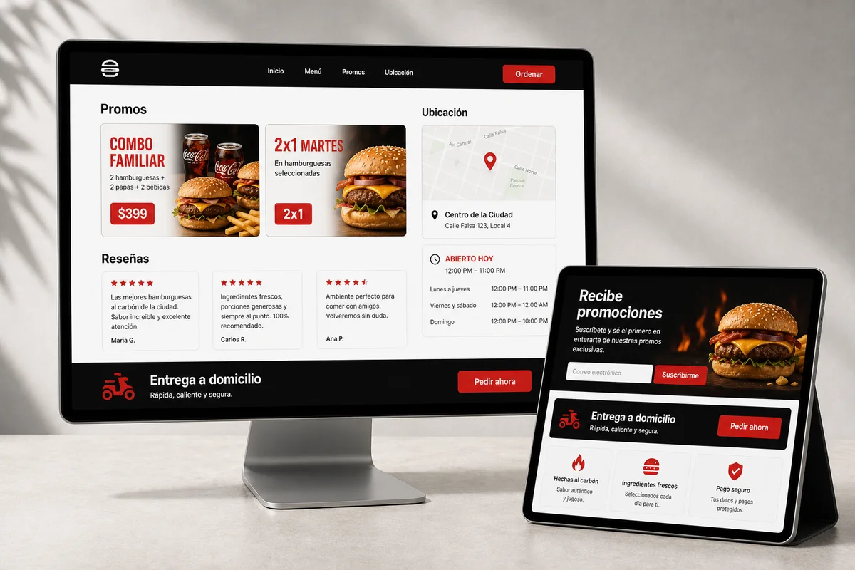 Secciones de promociones, ubicación, reseñas y suscripción para una página de hamburguesas.
