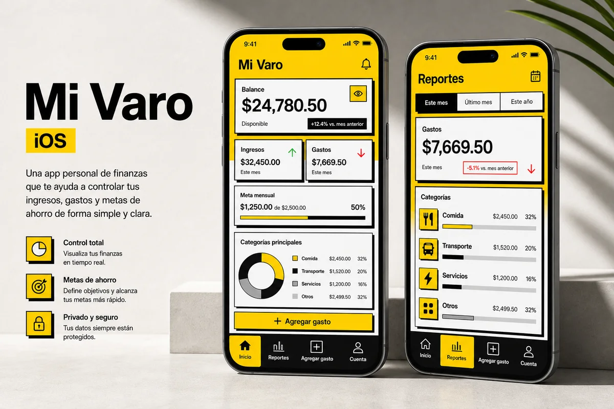 Versión iOS de una app de finanzas personales con reportes y categorías.