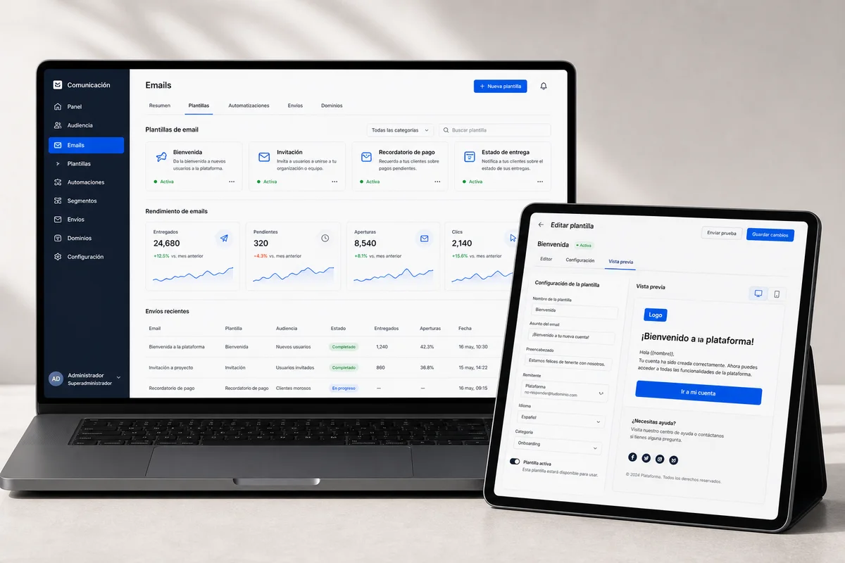 Módulo de correos de una plataforma SaaS con plantillas y vista previa.