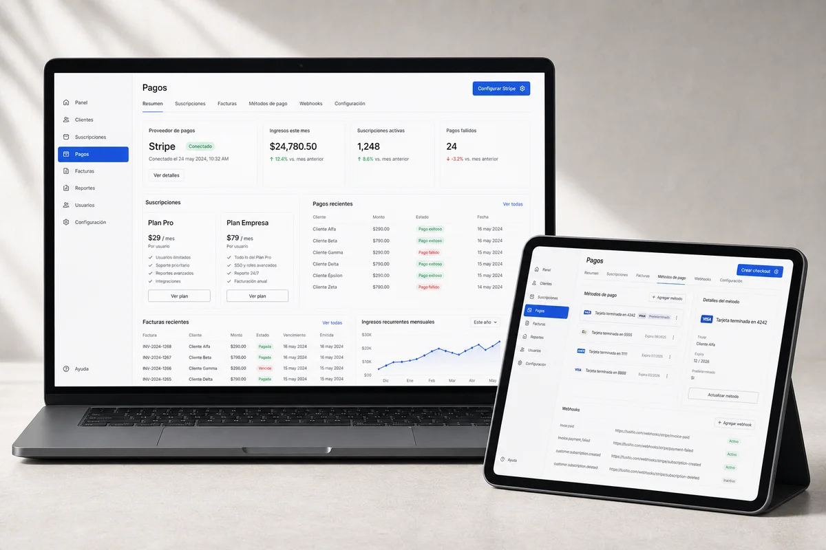 Módulo de pagos con Stripe para una plataforma SaaS con suscripciones y facturas.