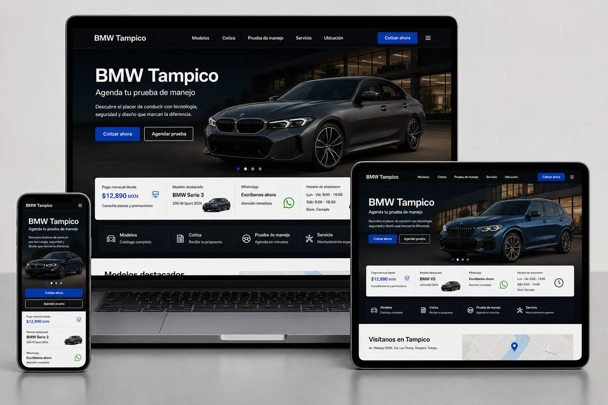 Mockup de una página de aterrizaje premium para agencia automotriz BMW con vehículo protagonista, cotización, prueba de manejo, contacto y horarios.
