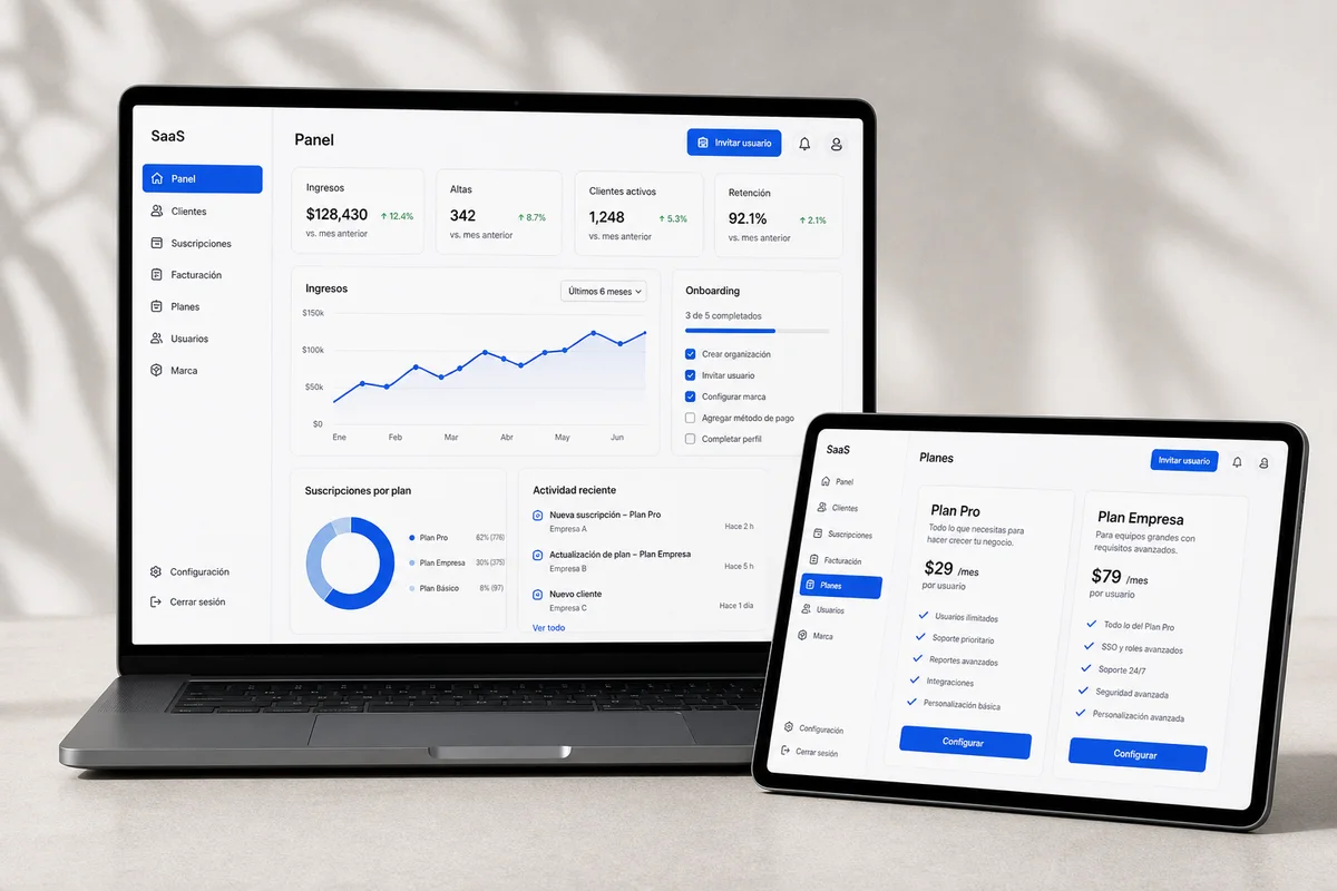 Mockup realista de una plataforma SaaS con clientes, suscripciones, facturación y planes en español.